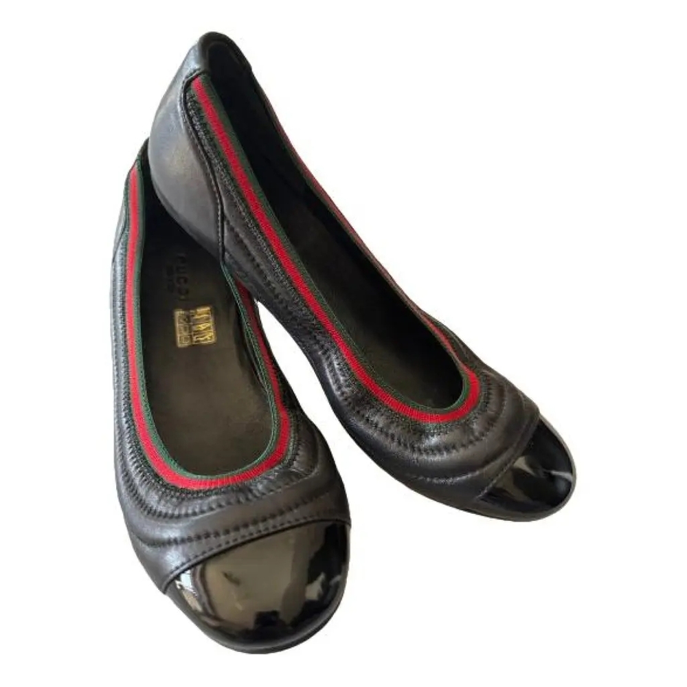 Authentic Gucci Black Leather Web Ballet Flats 39